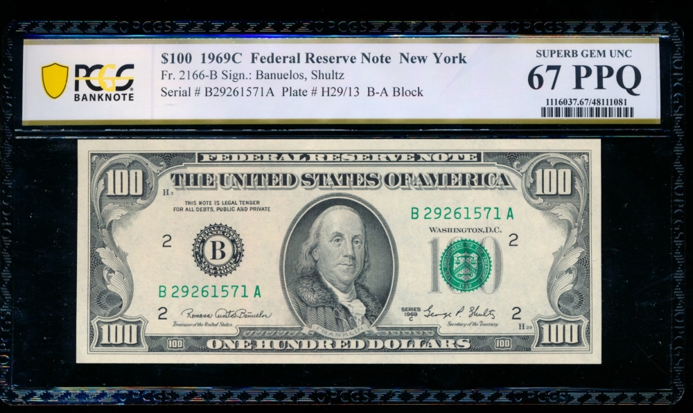 Fr. 2166-B 1969C $100  Federal Reserve Note New York PCGS 67PPQ B27261571A