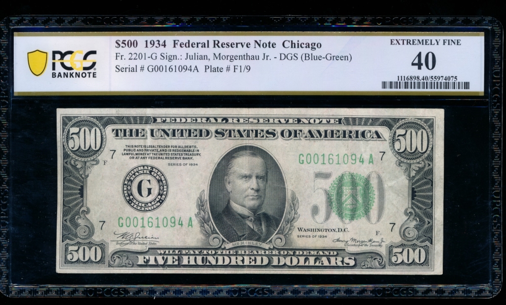 Fr. 2201-G 1934 $500  Federal Reserve Note Chicago PCGS 40 G00161094A