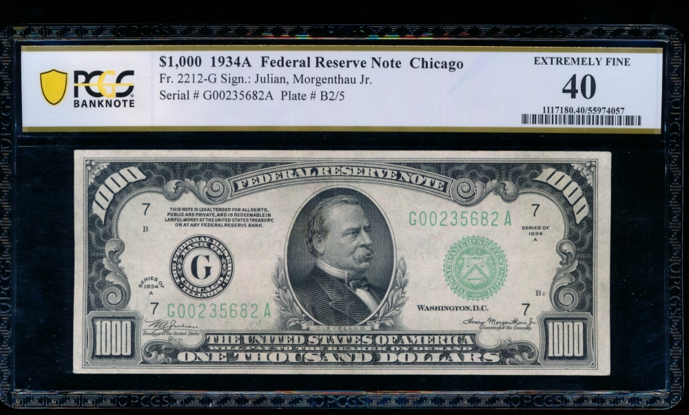 Fr. 2212-G 1934A $1,000  Federal Reserve Note Chicago PCGS 40 G00235682A