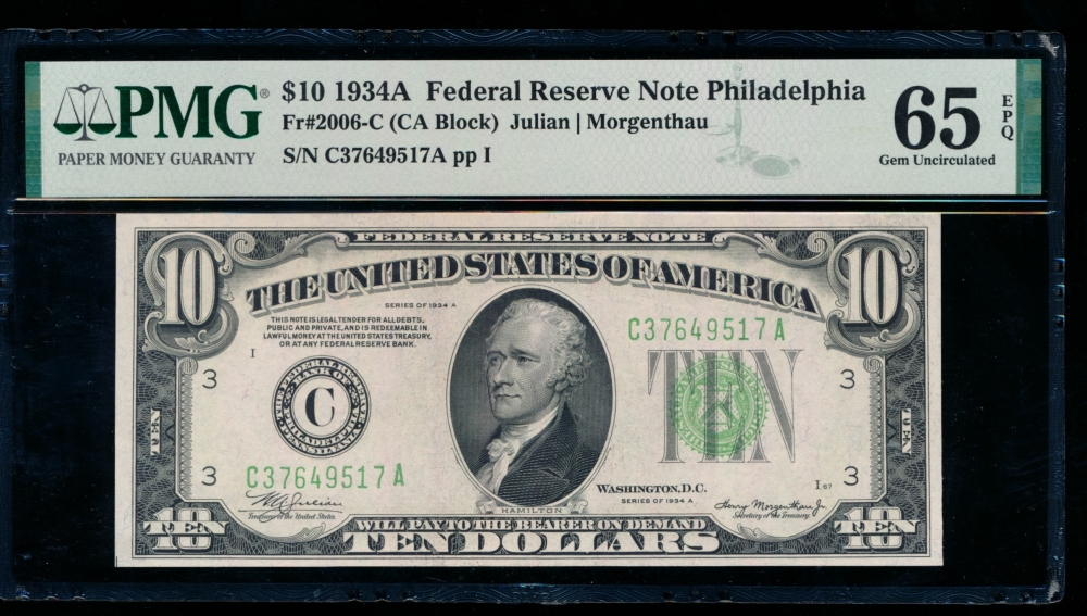 Fr. 2006-C 1934A $10  Federal Reserve Note Philadelphia PMG 65EPQ C37649517A