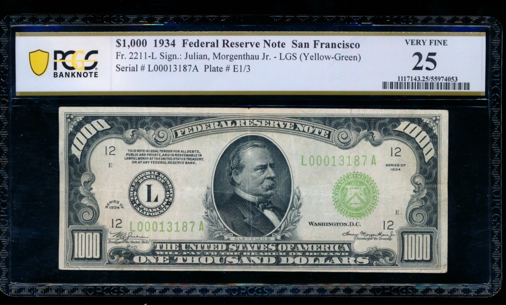Fr. 2211-L 1934 $1,000  Federal Reserve Note San Francisco LGS PCGS 25 L00013187A