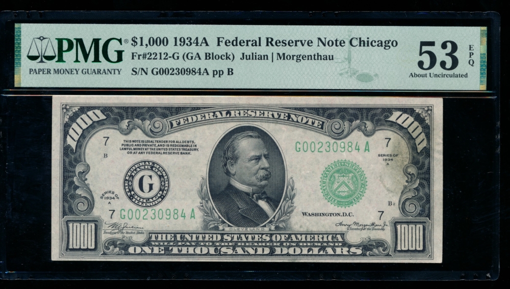 Fr. 2212-G 1934A $1,000  Federal Reserve Note Chicago PMG 53EPQ G00230984A