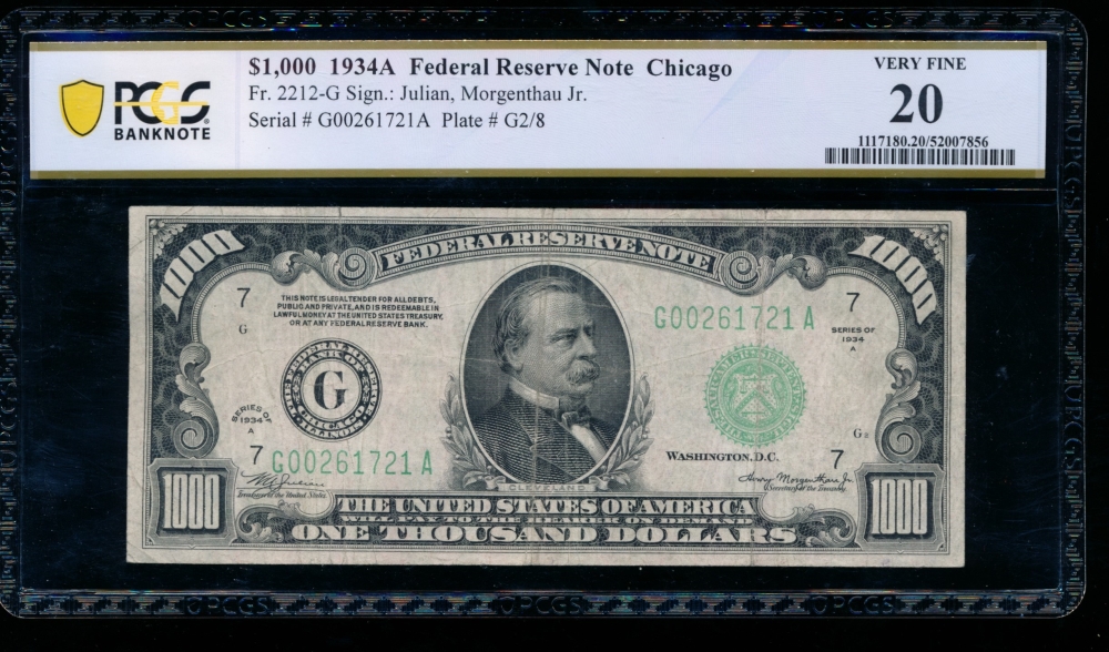 Fr. 2212-G 1934A $1,000  Federal Reserve Note Chicago PCGS 20 G00261721A