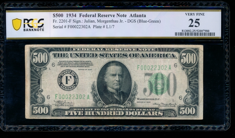 Fr. 2201-F 1934 $500  Federal Reserve Note Atlanta PCGS 25 comment F00022302A