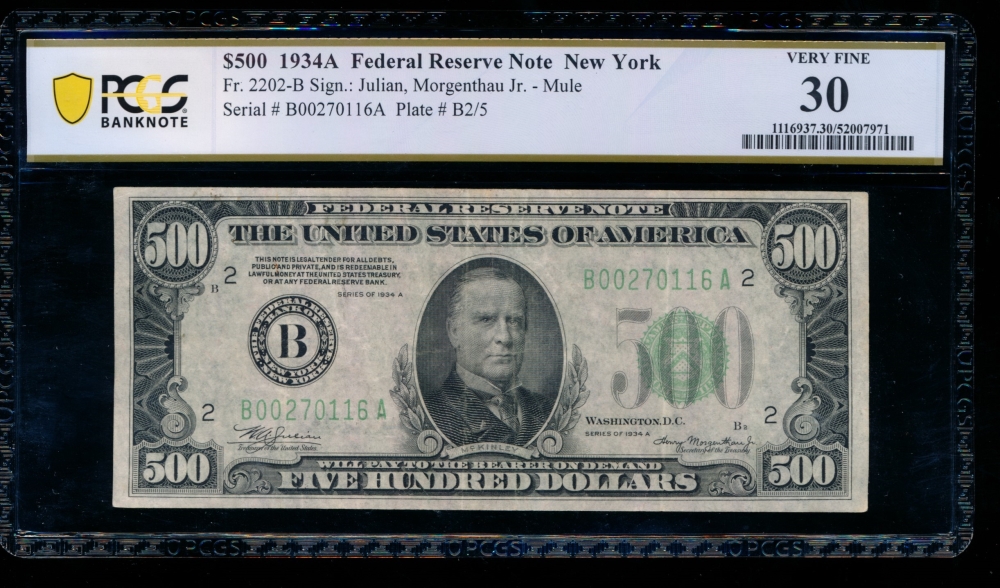 Fr. 2202-B 1934A $500  Federal Reserve Note New York PCGS 30 B00270116A