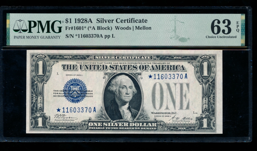 Fr. 1601 1928A $1  Silver Certificate *A block PMG 63EPQ *11603370A