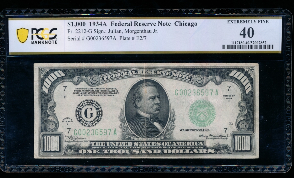 Fr. 2212-G 1934A $1,000  Federal Reserve Note Chicago PCGS 40 comment G00236597A