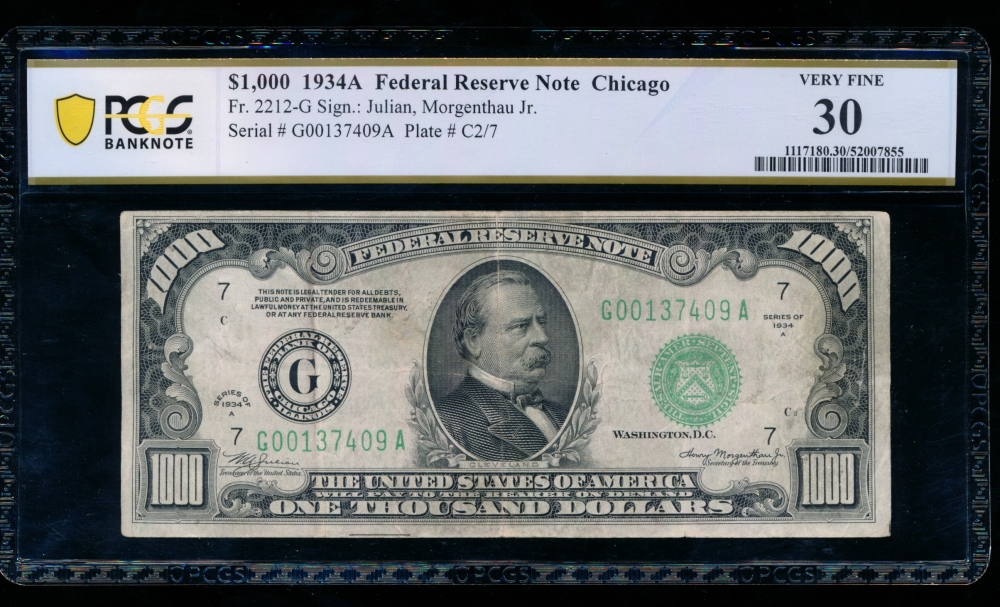 Fr. 2212-G 1934A $1,000  Federal Reserve Note Chicago PCGS 30 comment G00137409A