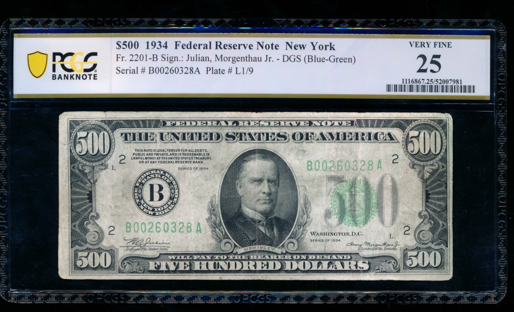 Fr. 2201-B 1934 $500  Federal Reserve Note New York PCGS 25 comment B00260328A