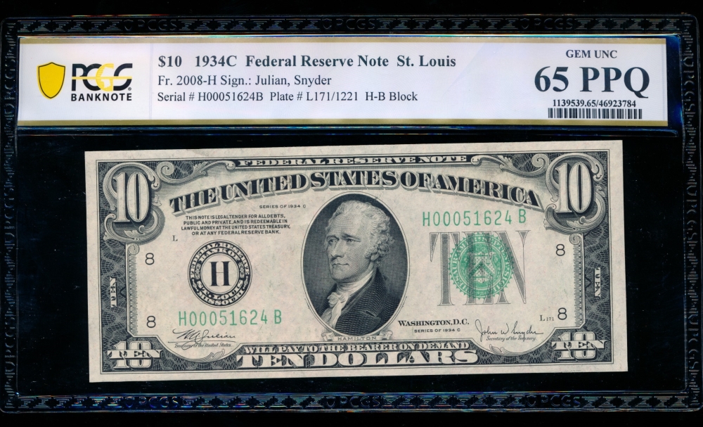 Fr. 2008-H 1934C $10  Federal Reserve Note Saint Louis PCGS 65PPQ H00051624B