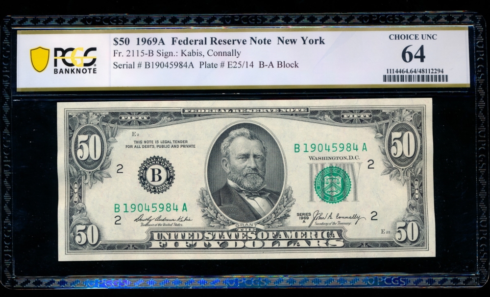 Fr. 2115-B 1969A $50  Federal Reserve Note New York PCGS 64 B19045984A