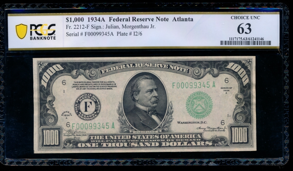 Fr. 2212-F 1934A $1,000  Federal Reserve Note Atlanta PCGS 63 comment F00099345A