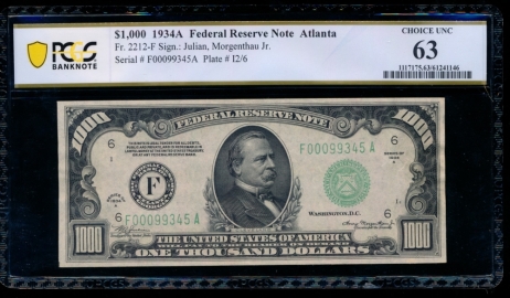 Fr. 2212-F 1934A $1,000  Federal Reserve Note Atlanta PCGS 63 comment F00099345A
