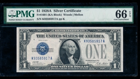 Fr. 1601 1928A $1  Silver Certificate KA block PMG 66EPQ K93585917A
