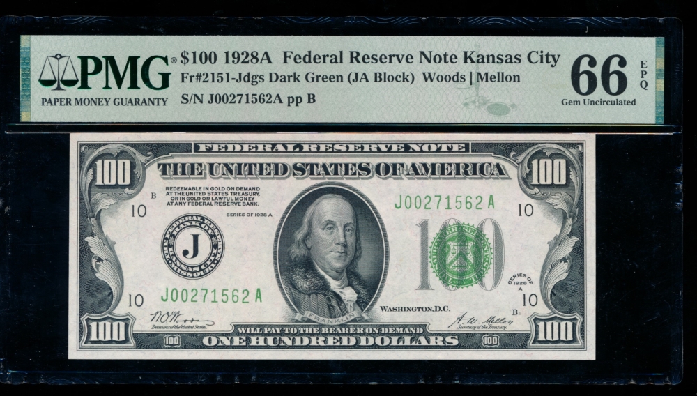 Fr. 2151-J 1928A $100  Federal Reserve Note Kansas City PMG 66EPQ J00271562A