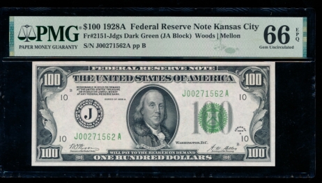 Fr. 2151-J 1928A $100  Federal Reserve Note Kansas City PMG 66EPQ J00271562A