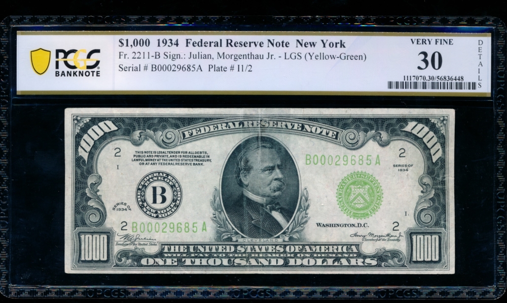 Fr. 2211-B 1934 $1,000  Federal Reserve Note New York LGS PCGS 30 details B00029685A