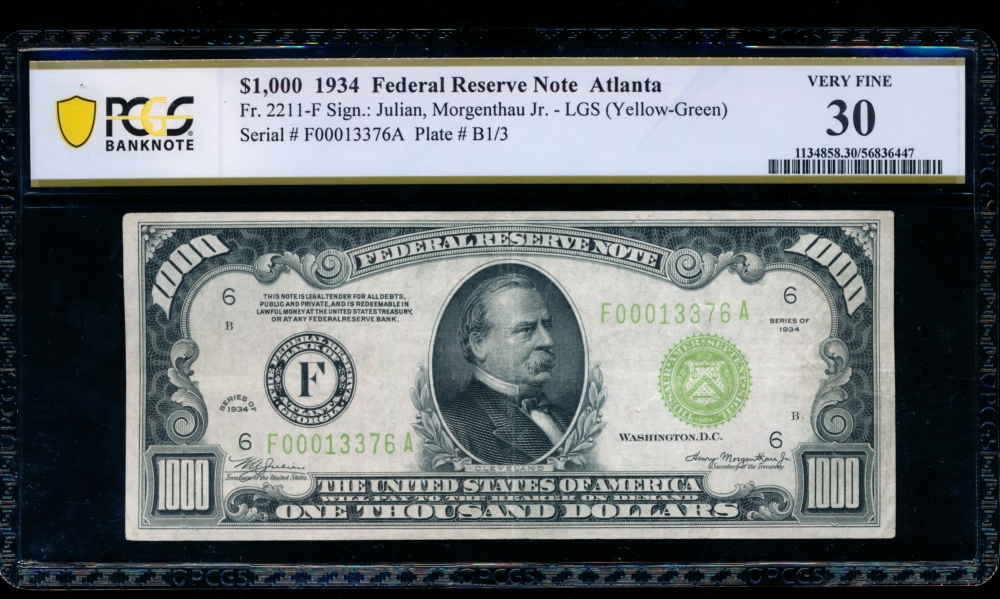 Fr. 2211-F 1934 $1,000  Federal Reserve Note Atlanta LGS PCGS 30 F00013376A