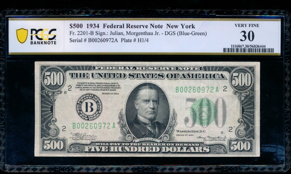 Fr. 2201-B 1934 $500  Federal Reserve Note New York PCGS 30 B00260972A