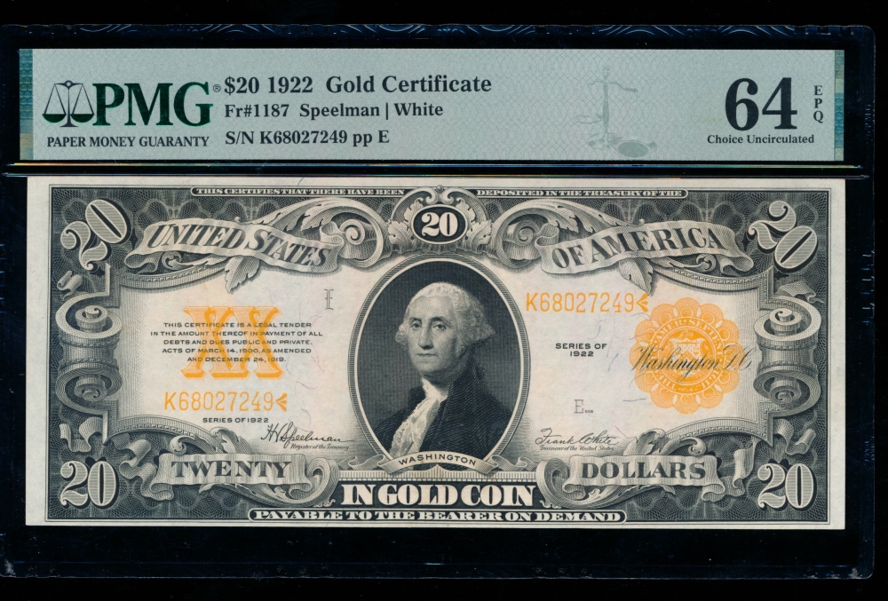 Fr. 1187 1922 $20  Gold Certificate  PMG 64EPQ K68027249