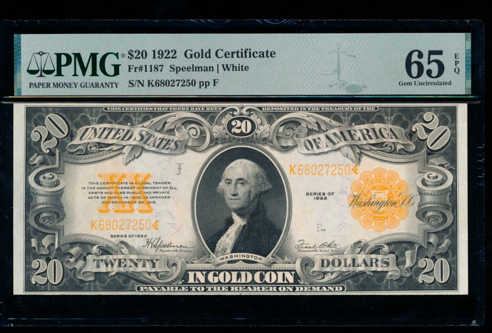 Fr. 1187 1922 $20  Gold Certificate  PMG 65EPQ K68027250