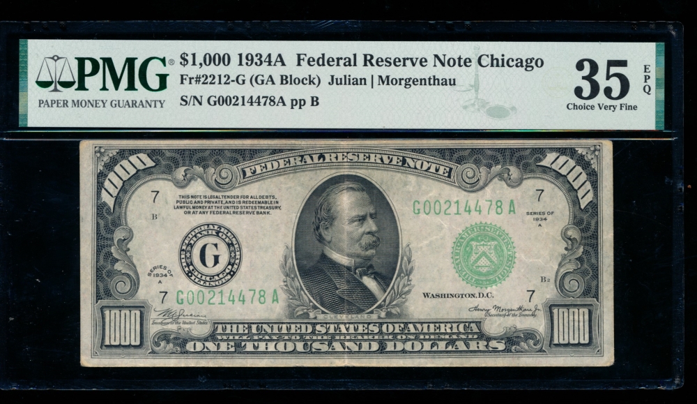 Fr. 2212-G 1934A $1,000  Federal Reserve Note Chicago PMG 35EPQ G00214478A