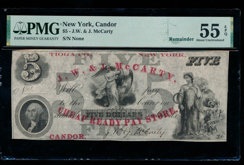 Fr. Scrip NY 1850s $5  Obsolete J.W. & J. McCarty Candor, New York  no serial number