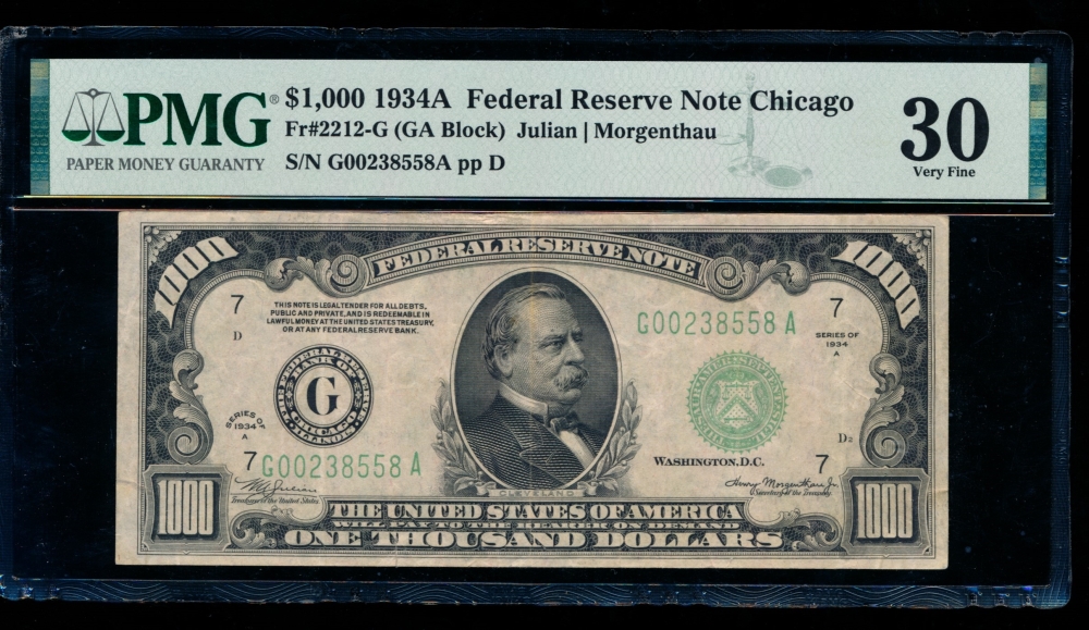Fr. 2212-G 1934A $1,000  Federal Reserve Note Chicago PMG 30 G00238558A