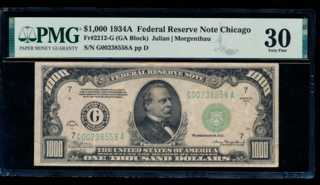 Fr. 2212-G 1934A $1,000  Federal Reserve Note Chicago PMG 30 G00238558A