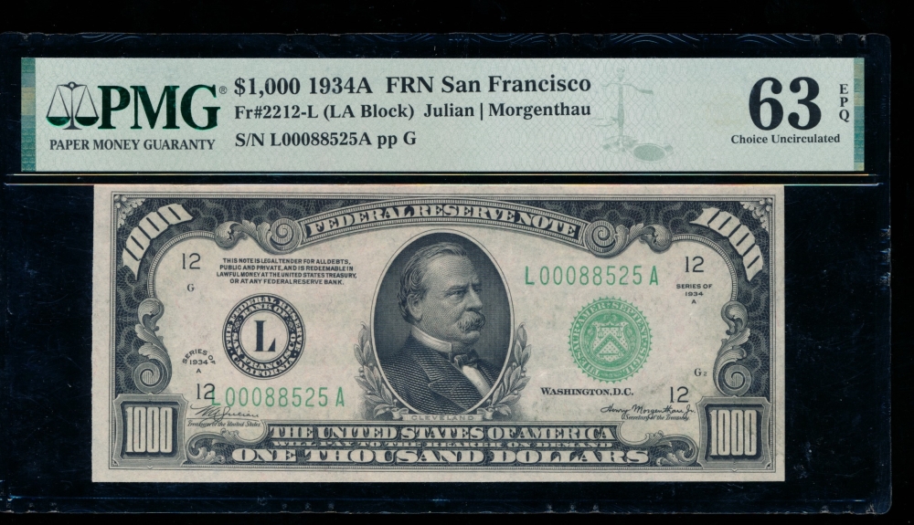 Fr. 2212-L 1934A $1,000  Federal Reserve Note San Francisco PMG 63EPQ L00088525A