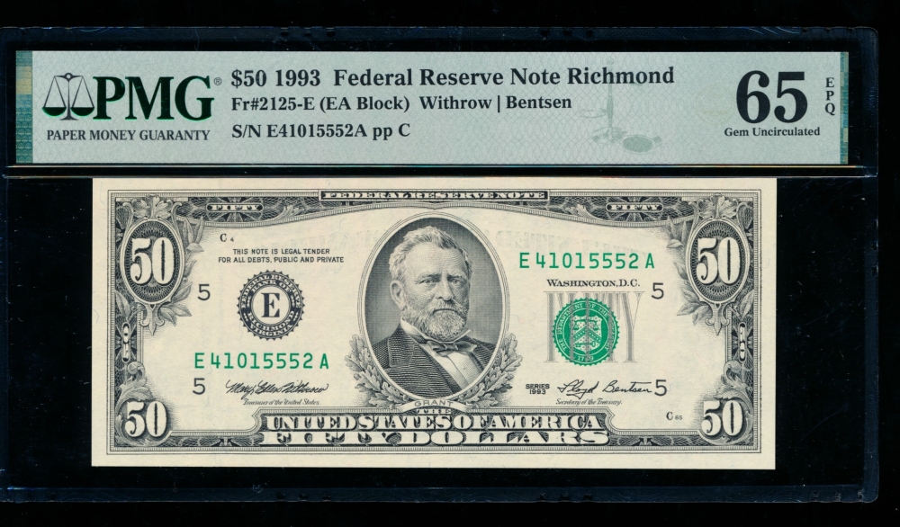 Fr. 2125-E 1993 $50  Federal Reserve Note Richmond PMG 65EPQ E41015552A