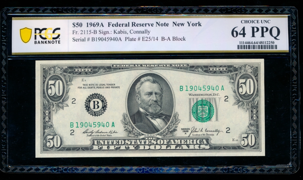 Fr. 2115-B 1969A $50  Federal Reserve Note New York PCGS 64PPQ B19045940A
