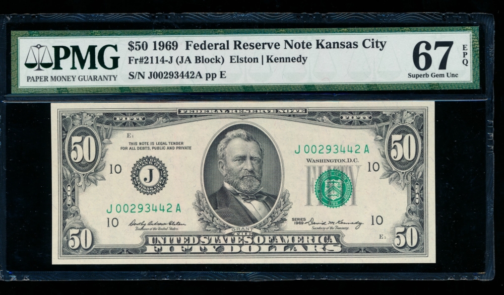 Fr. 2114-J 1969 $50  Federal Reserve Note Kansas City PMG 67EPQ J00293442A