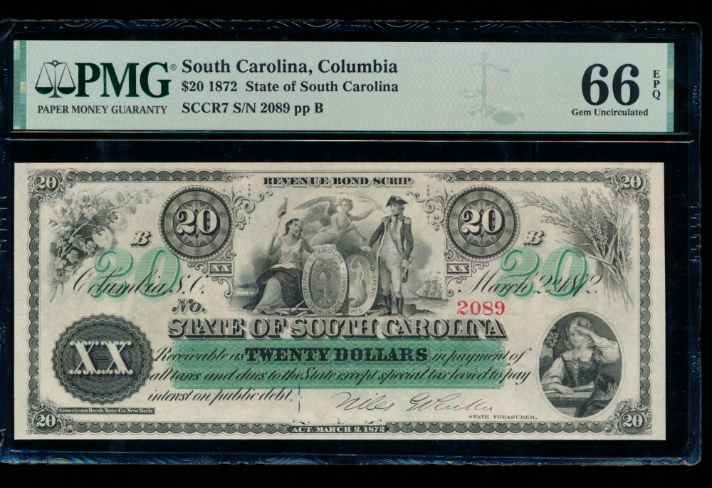 Fr. Cr SC-7 1872 $20  Obsolete State of South Carolina, Columbia, SC PMG 66EPQ 2089