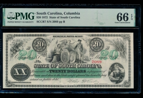 Fr. Cr SC-7 1872 $20  Obsolete State of South Carolina, Columbia, SC PMG 66EPQ 2089