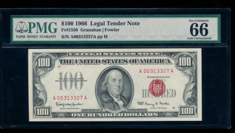 Fr. 1550 1966 $100  Legal Tender AA block PMG 66EPQ A00313327A