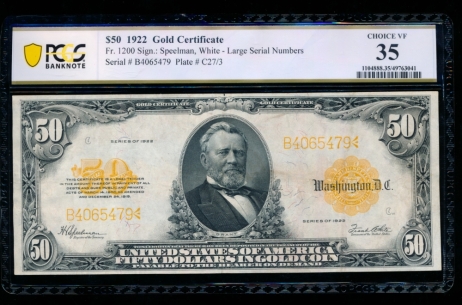Fr. 1200 1922 $50  Gold Certificate  PCGS 35 B4065479