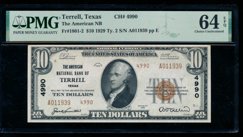 Fr. 1801-2 1929 $10  National: Type II Ch #4990 The American National Bank of Terrell, Texas PMG 64EPQ A011939