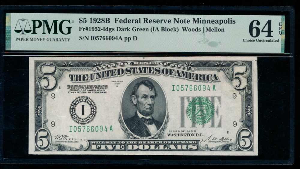 Fr. 1952-I 1928B $5  Federal Reserve Note Minneapolis PMG 64EPQ I05766094A
