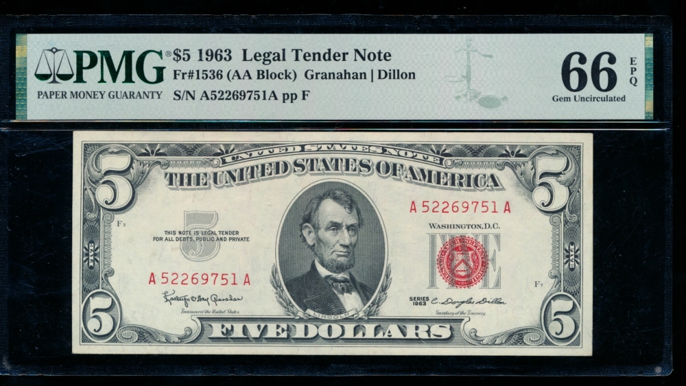 Fr. 1536 1963 $5  Legal Tender AA block PMG 66EPQ A52269751A