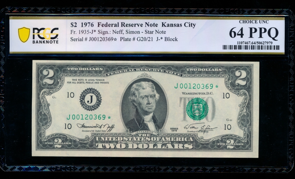 Fr. 1935-J 1976 $2  Federal Reserve Note Kansas City star PCGS 64PPQ J000120369*