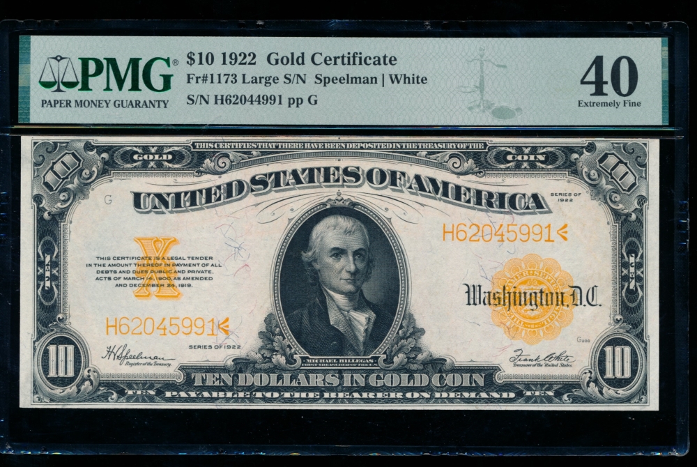 Fr. 1173 1922 $10  Gold Certificate  PMG 40 H62044991