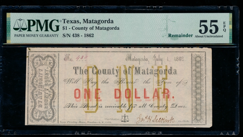 Fr. Medlar1 1862 $1  Obsolete County of Matagorda PMG 55EPQ 438