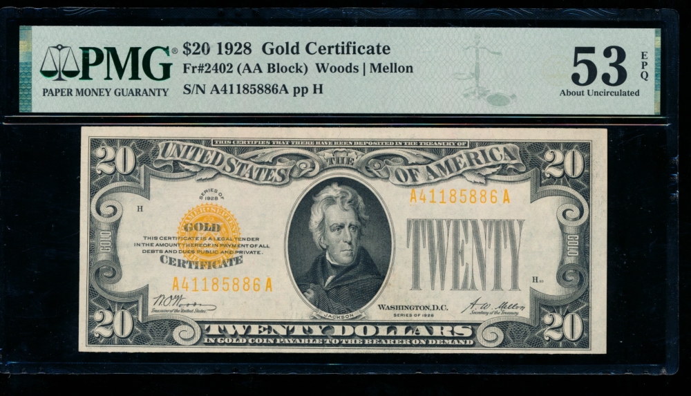 Fr. 2402 1928 $20  Gold Certificate  PMG 53EPQ A06619917A