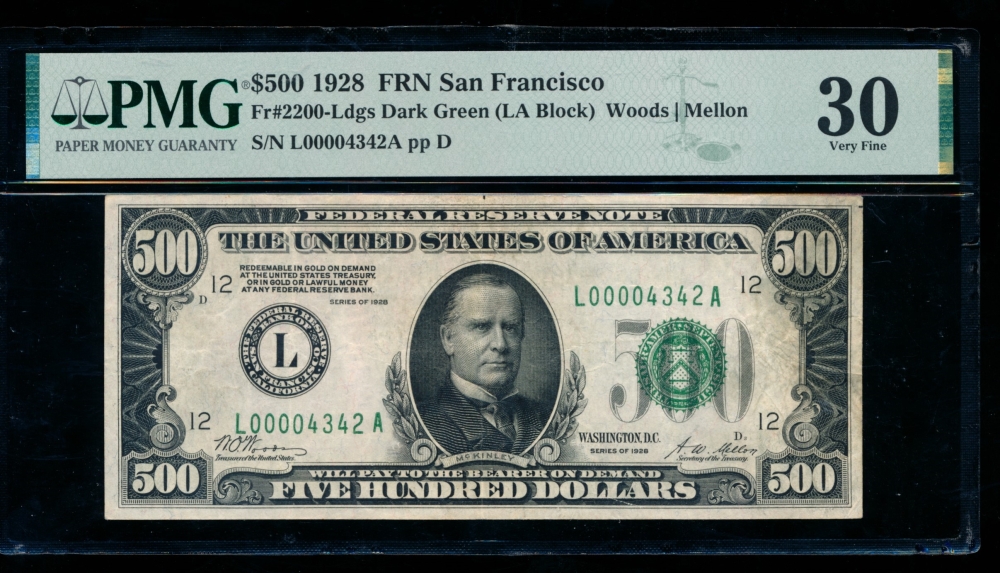 Fr. 2200-L 1928 $500  Federal Reserve Note San Francisco PMG 30 L00004342A