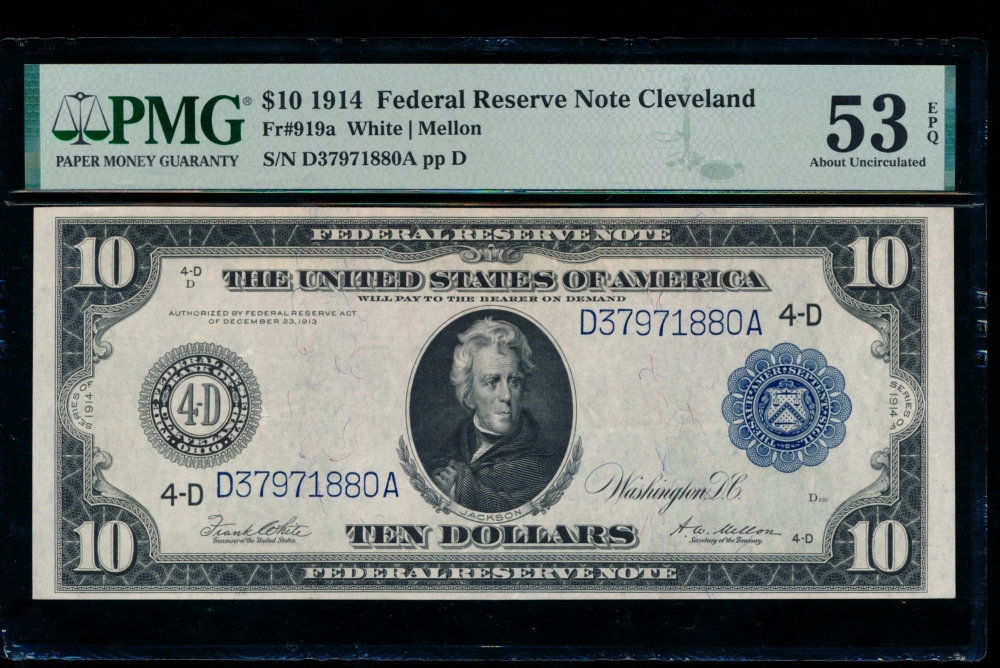 Fr. 919a 1914 $10  Federal Reserve Note New York PMG 53EPQ D37971880A