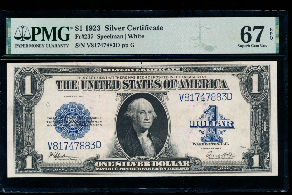 Fr. 237 1923 $1  Silver Certificate AD block PMG 67EPQ V814747883D