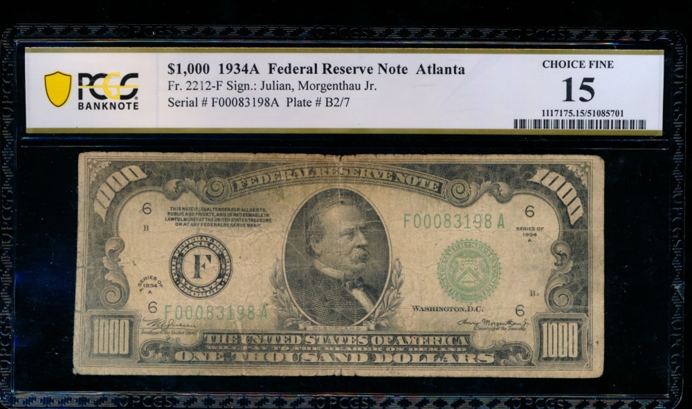 Fr. 2212-F 1934A $1,000  Federal Reserve Note Atlanta PCGS 15 comment F00083198A