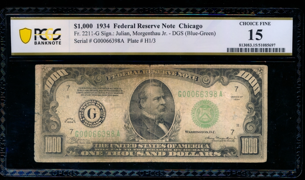Fr. 2211-G 1934 $1,000  Federal Reserve Note Chicago PCGS 15 comment G00066398A