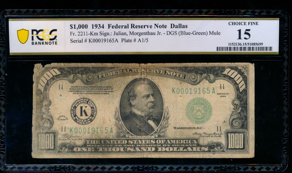Fr. 2211-K 1934 $1,000  Federal Reserve Note Dallas PCGS 15 comment K00019165A
